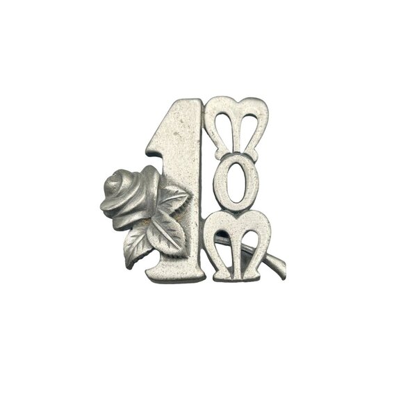 #1 MOM Pewter Pin Brooch Vintage 70s Pin with Rose Flower Mothers Day Gift - Picture 1 of 6